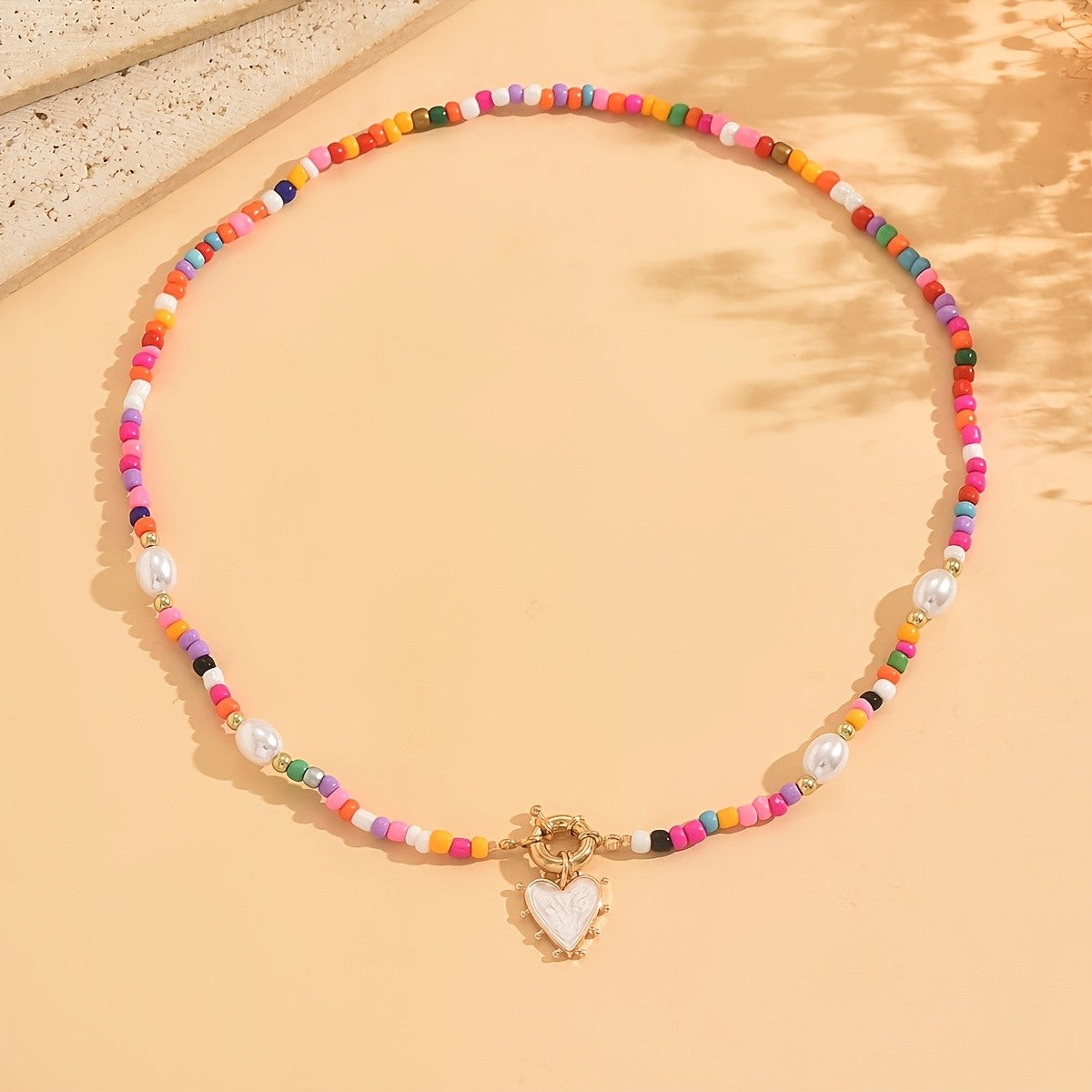 Multicolor Bead Heart Charm Necklace