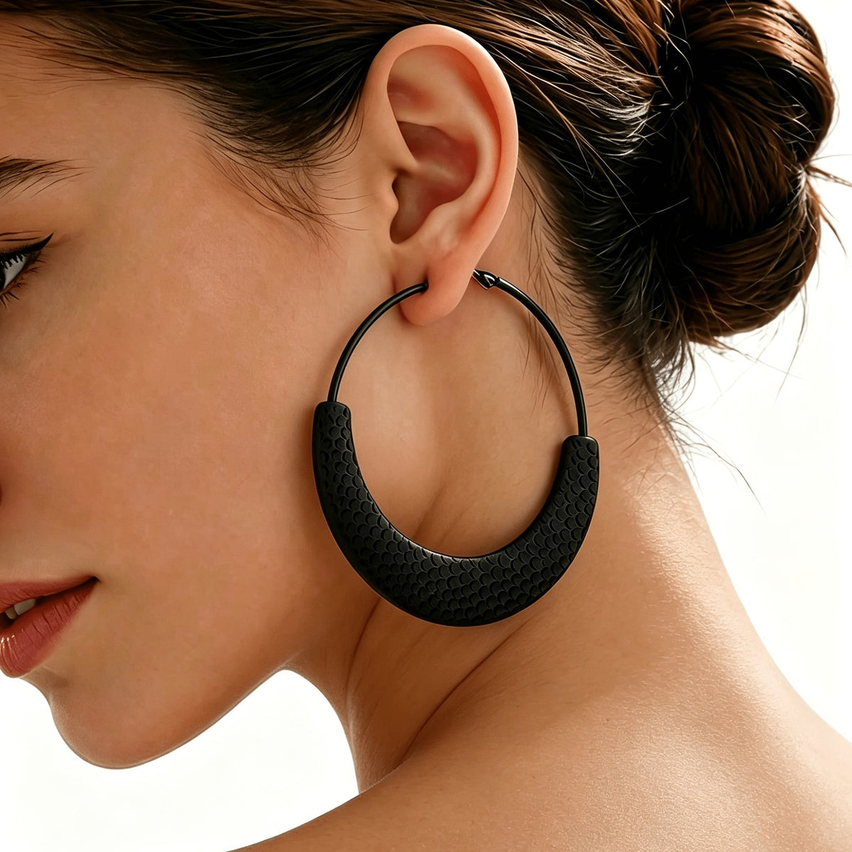 Black Textured Crescent Hoop Earrings
