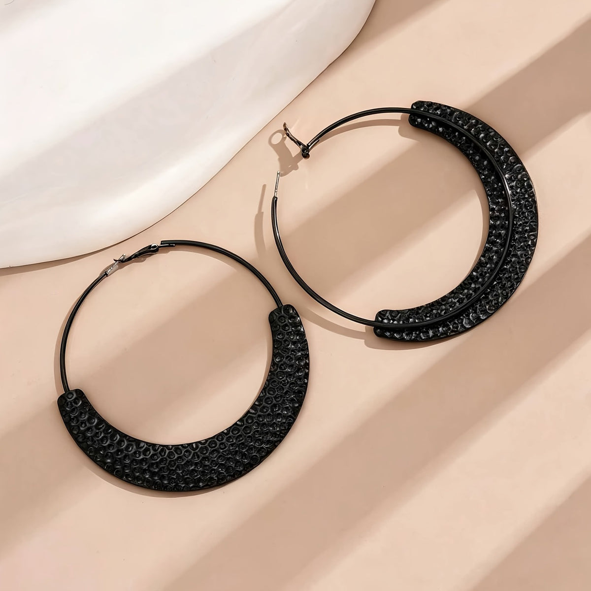 Black Textured Crescent Hoop Earrings