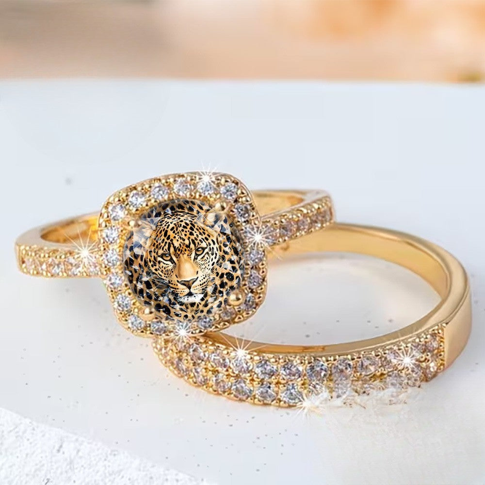 Leopard Square Crystal Ring Set