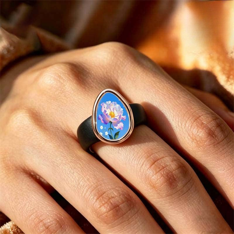 Blue Peony Glass Teardrop Ring