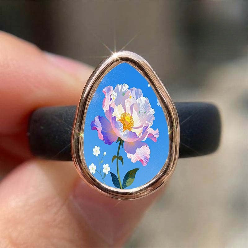 Blue Peony Glass Teardrop Ring