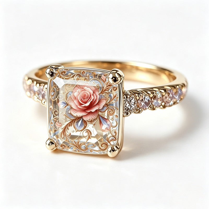 Pink Rose Filigree Square Ring