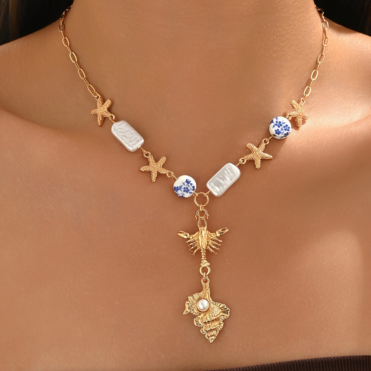 Starfish & Blue Floral Bead Necklace