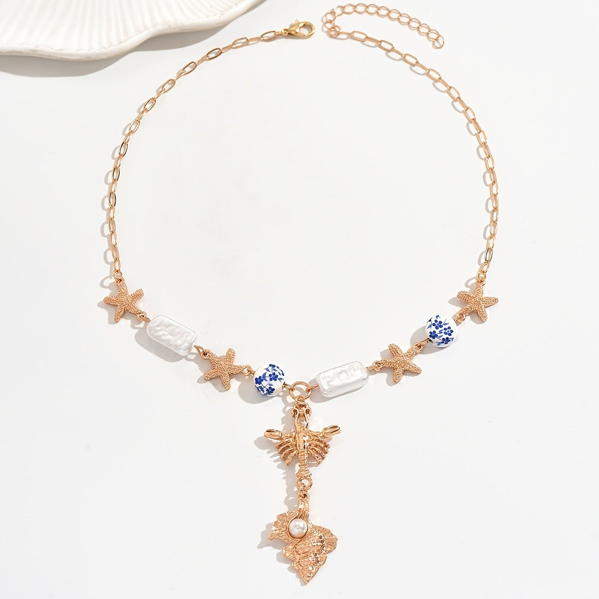 Starfish & Blue Floral Bead Necklace