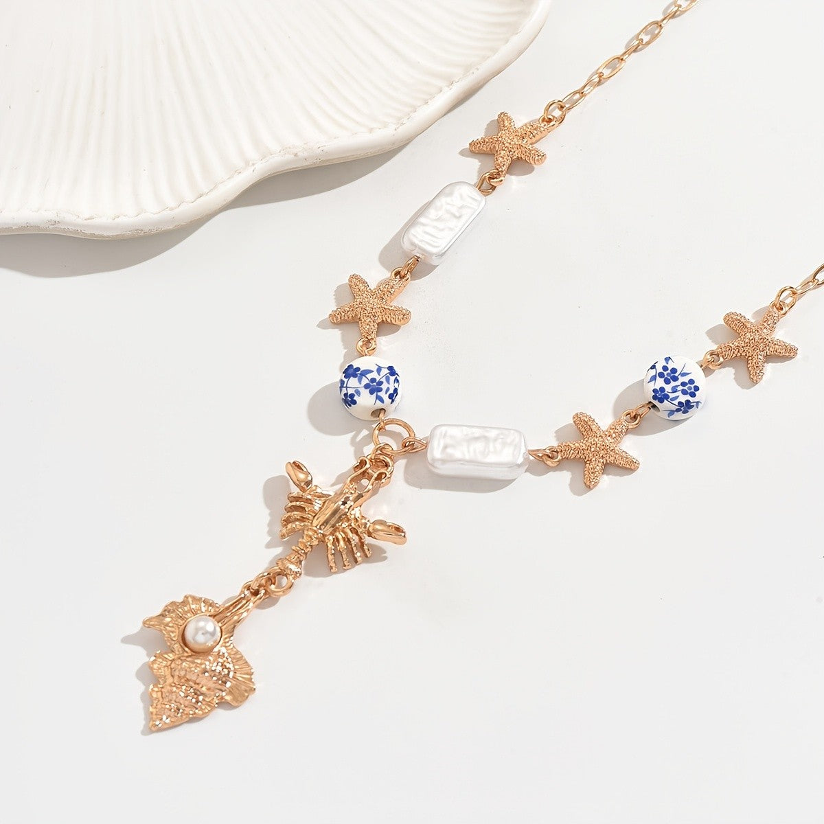 Starfish & Blue Floral Bead Necklace
