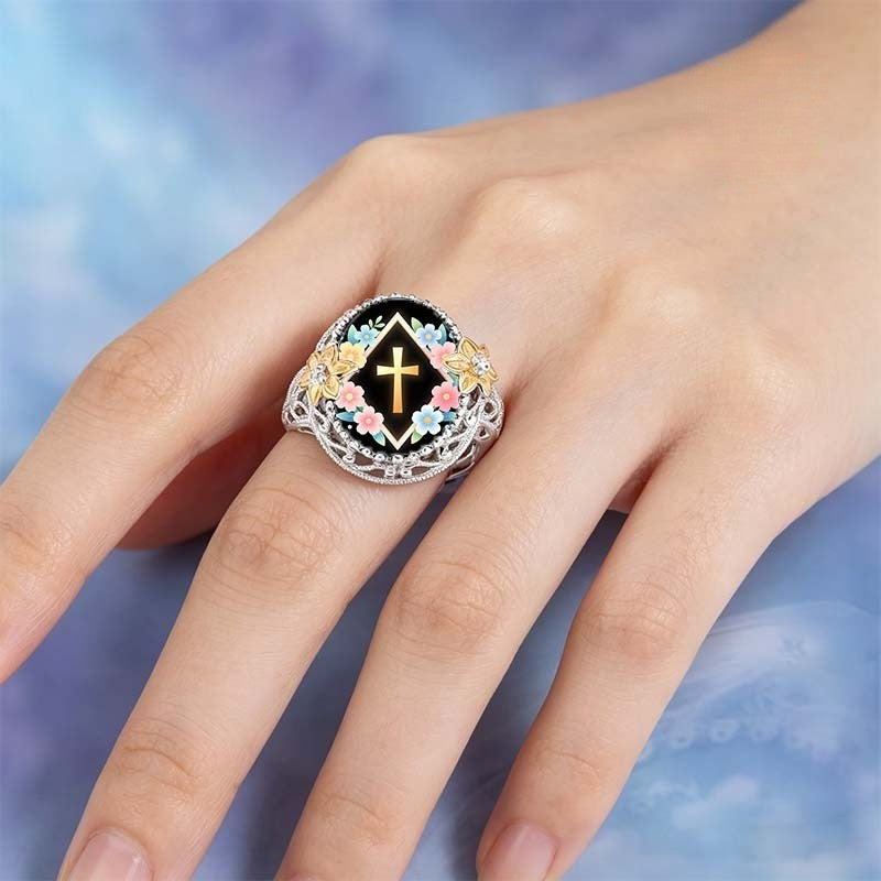 Cross & Floral Diamond Frame Ring