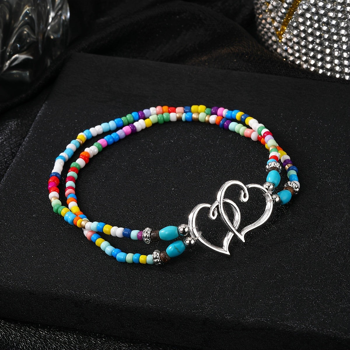 Rainbow Beaded Double Heart Anklet