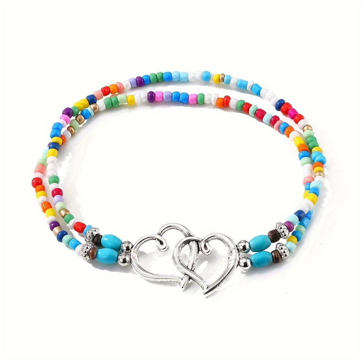 Rainbow Beaded Double Heart Anklet