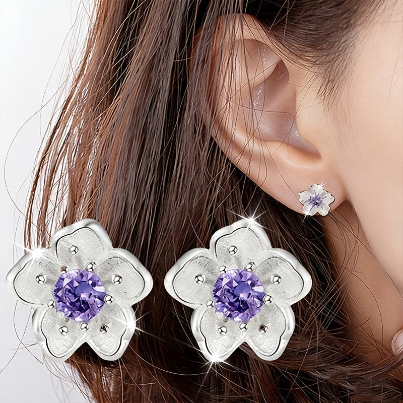Purple Floral Zircon Stud Earrings