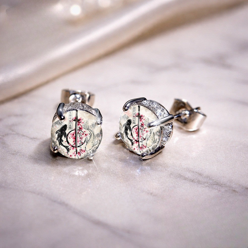 Samurai Sword & Cherry Blossom Stud Earrings
