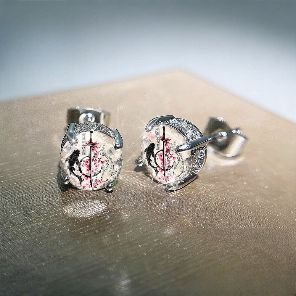 Samurai Sword & Cherry Blossom Stud Earrings