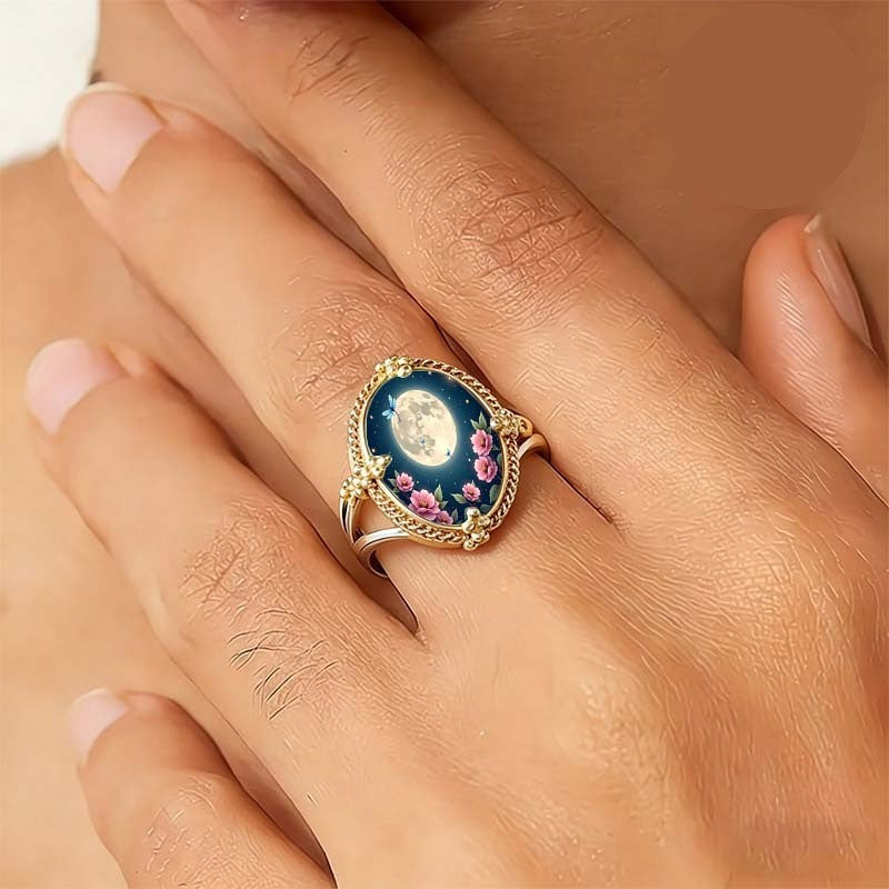 Moon & Floral Oval Ring