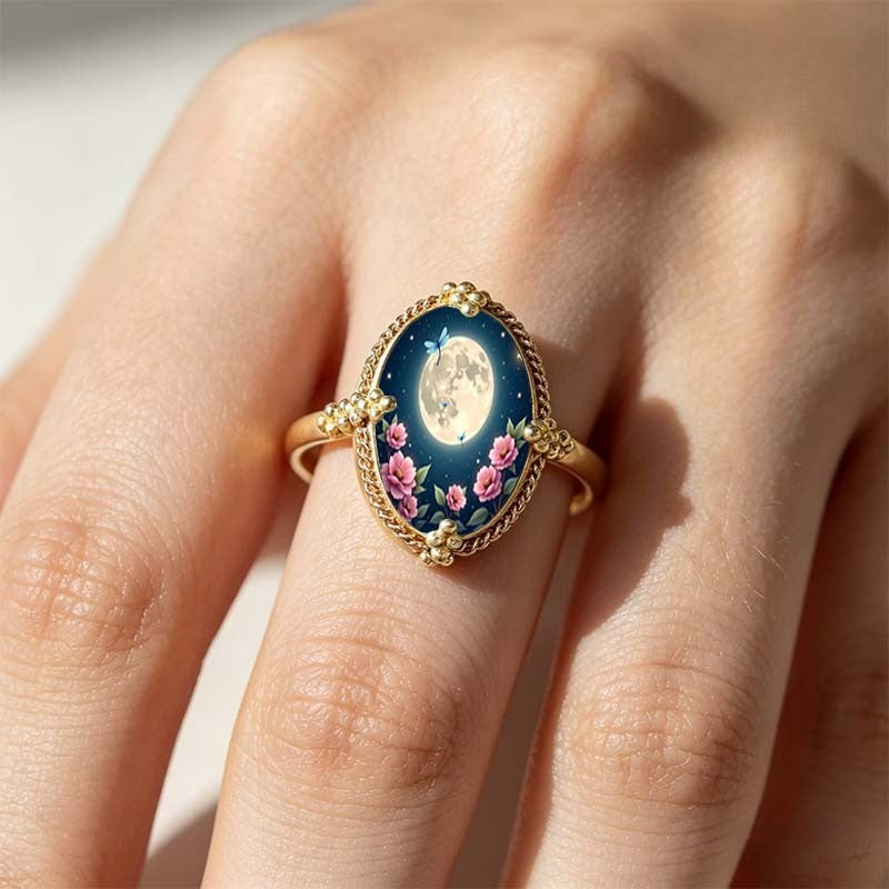 Moon & Floral Oval Ring