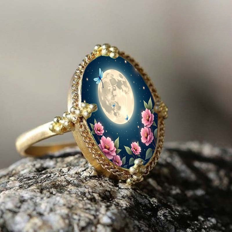 Moon & Floral Oval Ring