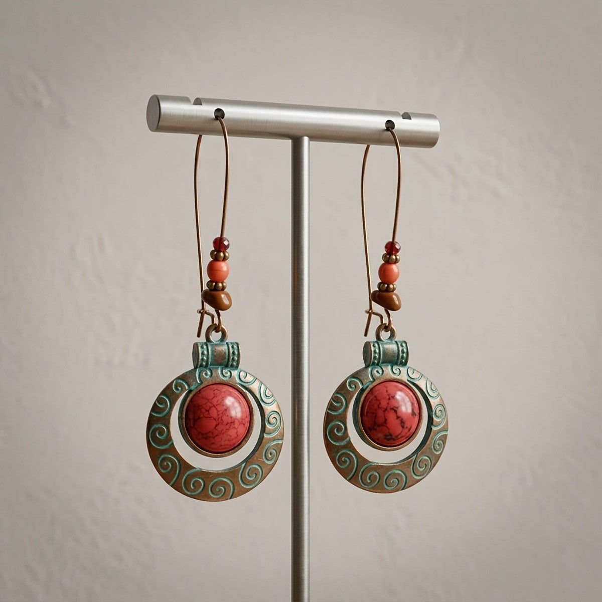 Red Stone Scroll Drop Earrings