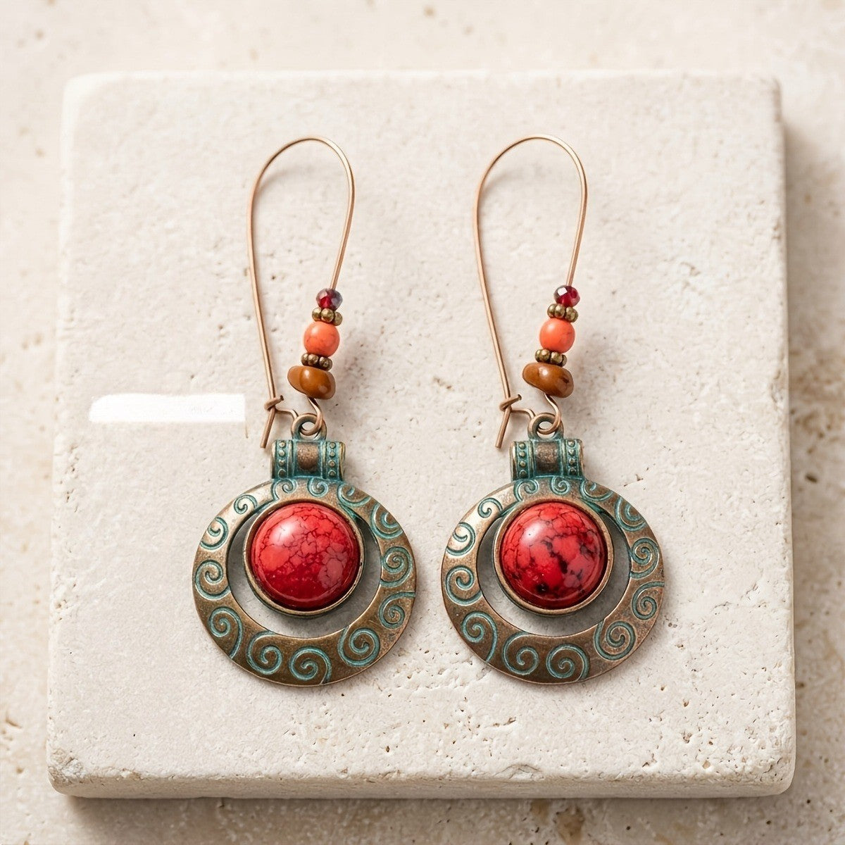 Red Stone Scroll Drop Earrings