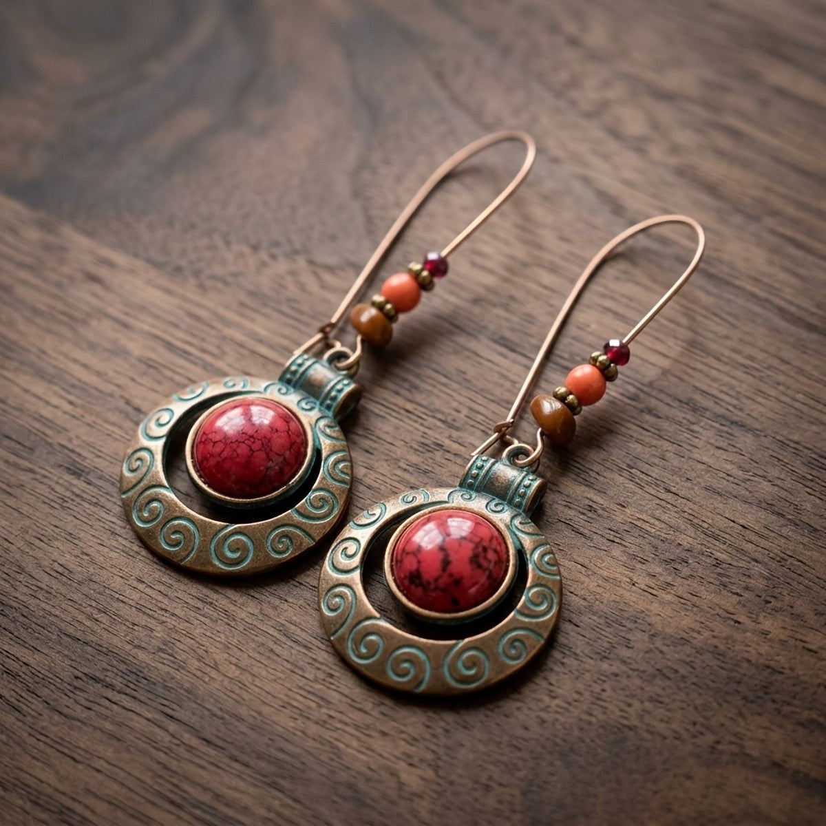 Red Stone Scroll Drop Earrings