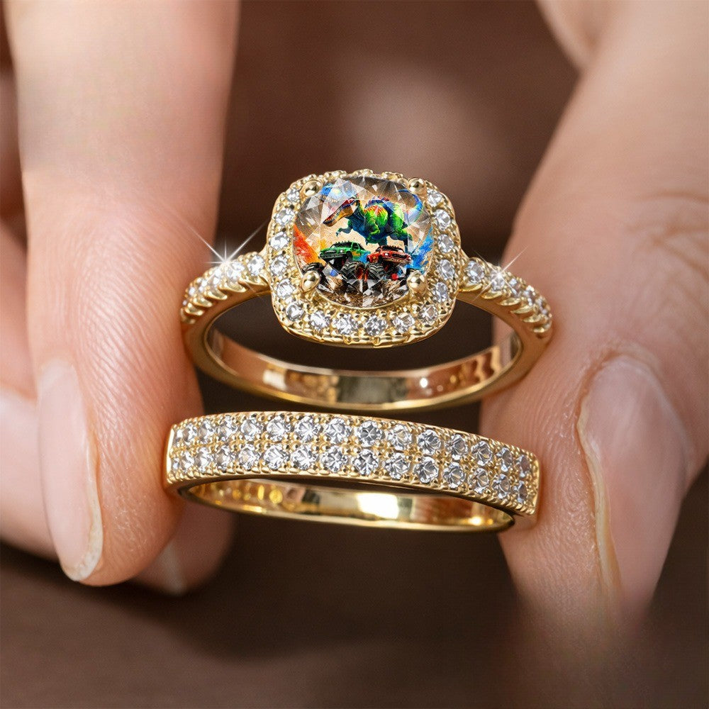 Square Crystal Dinosaur & Vehicle Ring Set