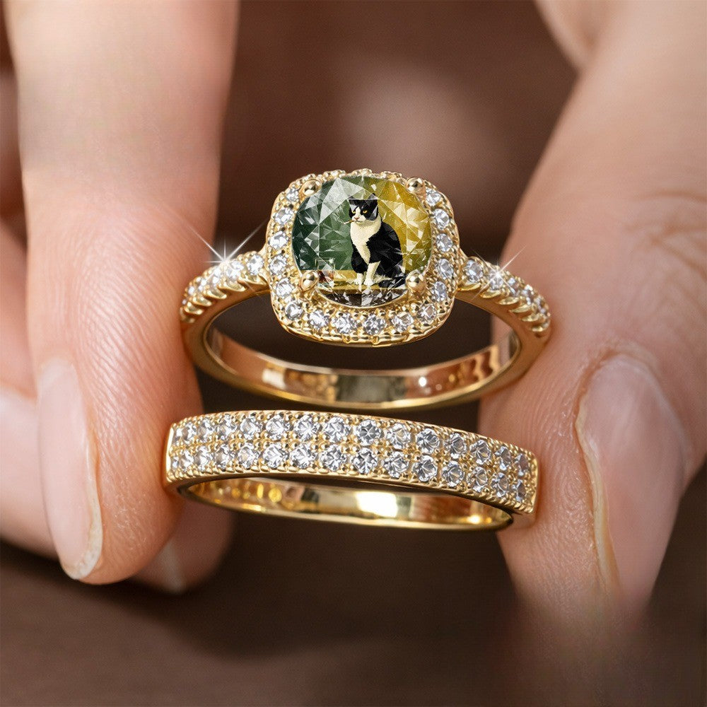 Cat Square Crystal Ring Set