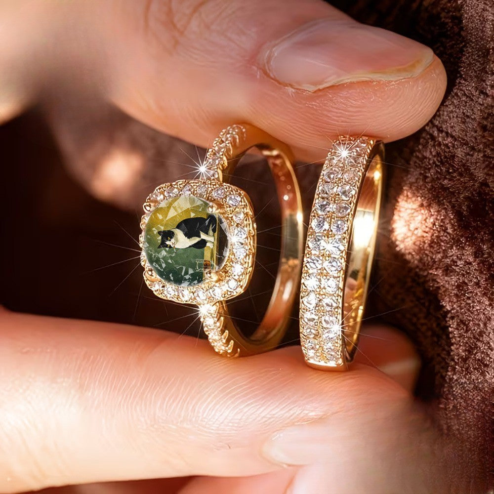 Cat Square Crystal Ring Set