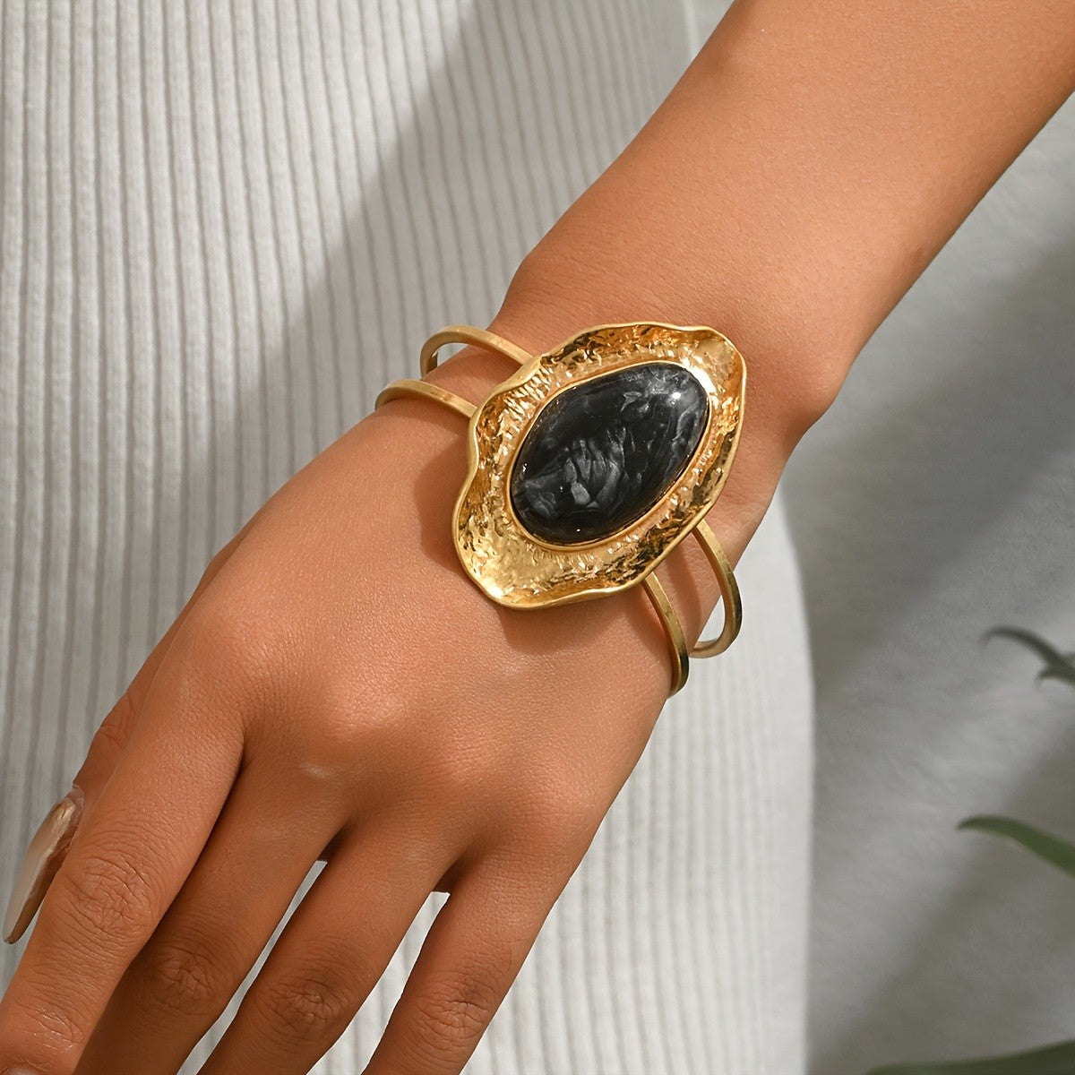 Black Stone Open Cuff Bangle