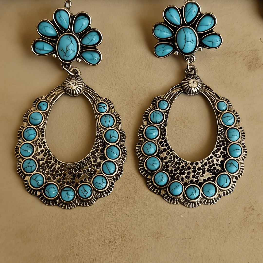 Turquoise Sunburst Hoop Drop Earrings