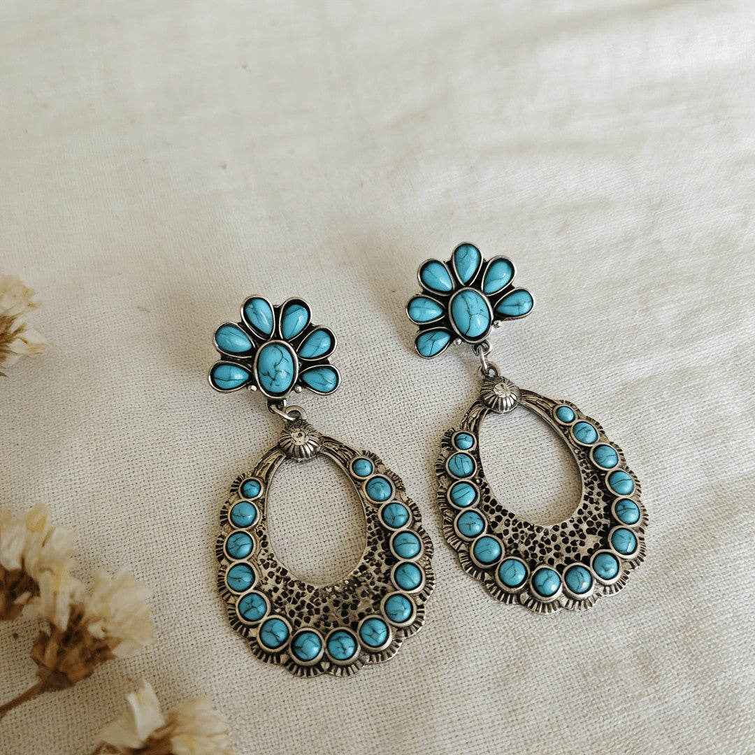 Turquoise Sunburst Hoop Drop Earrings