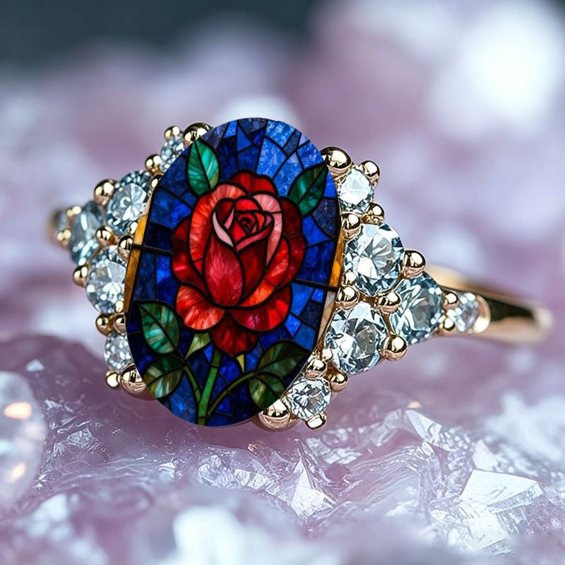 Red Rose Stained Glass Cluster Ring