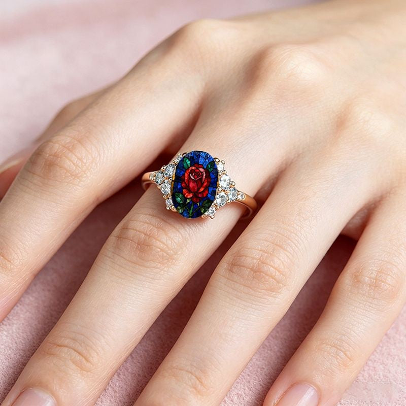 Red Rose Stained Glass Cluster Ring