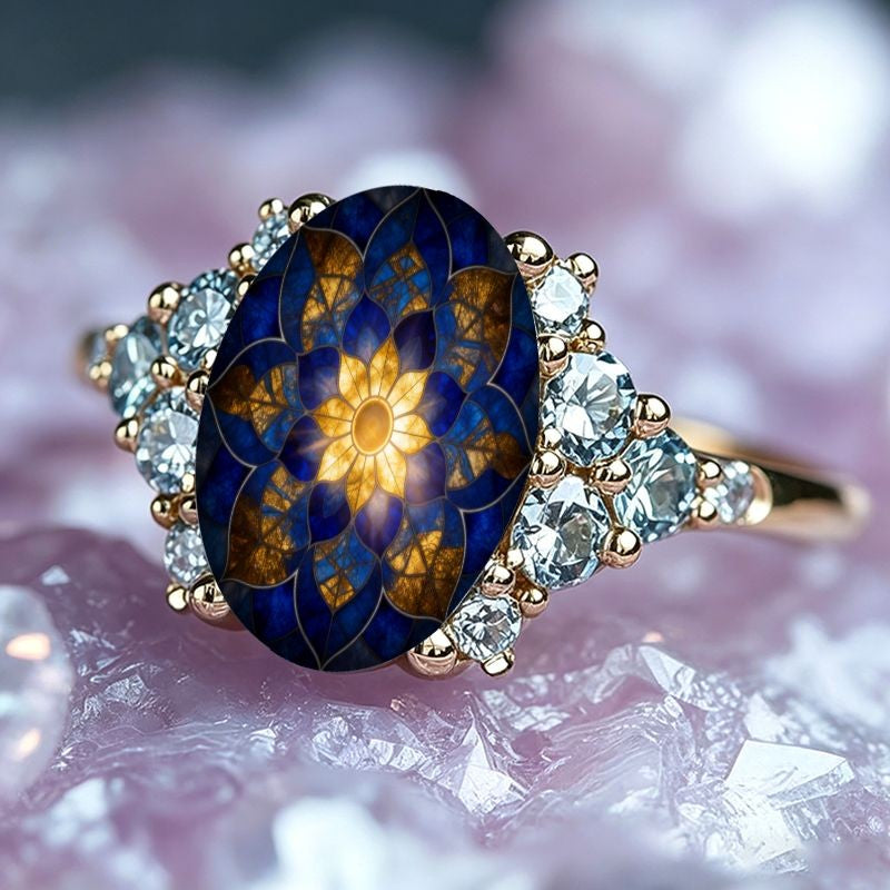 Blue & Gold Sunburst Oval Ring