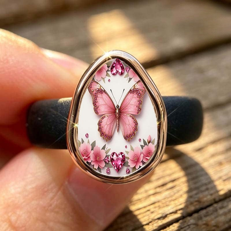 Pink Butterfly Teardrop Ring