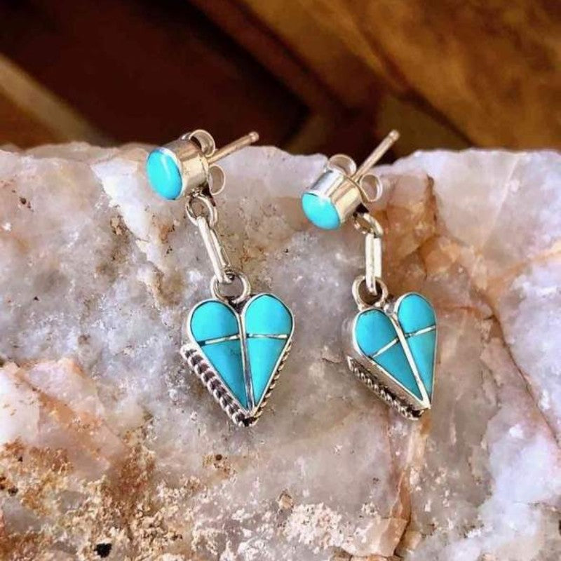 Turquoise Inlay Heart Drop Earrings
