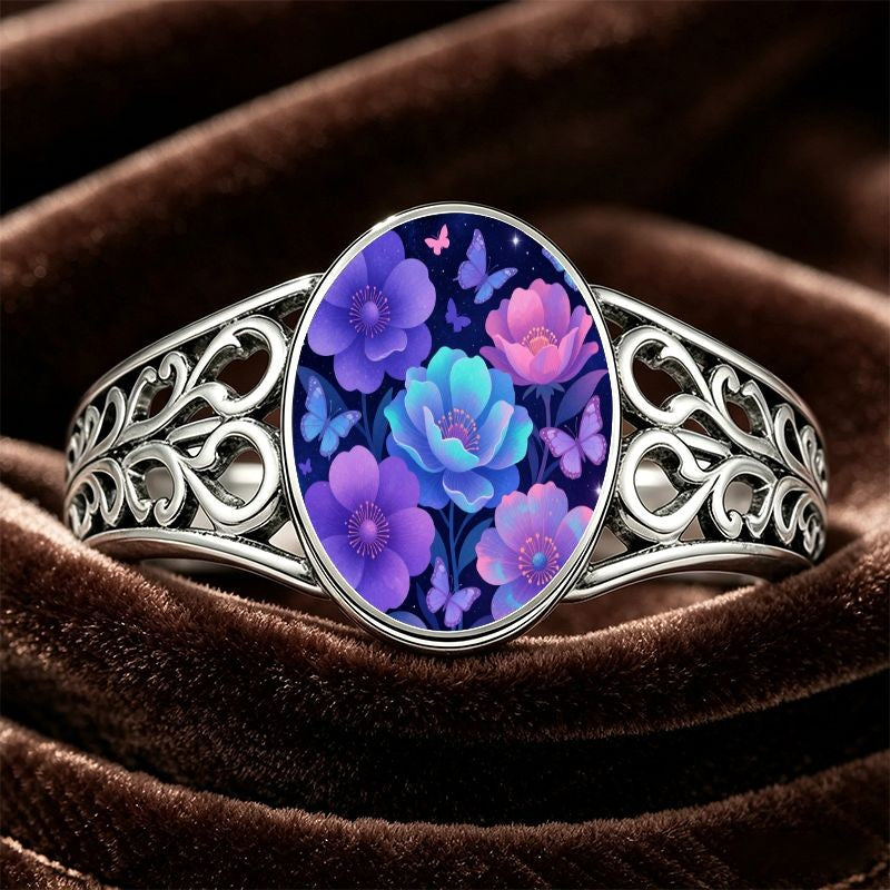 Midnight Floral Butterfly Filigree Ring