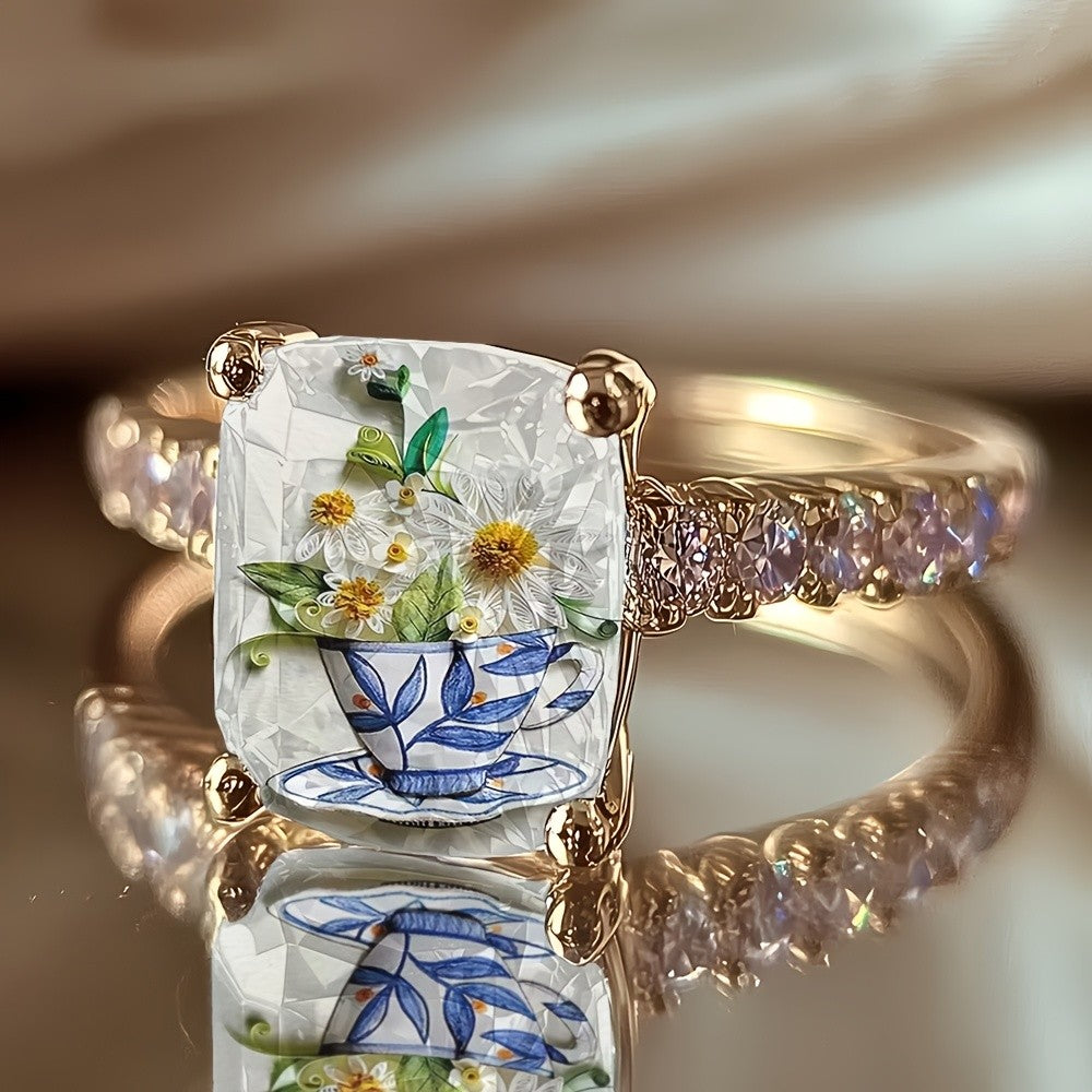 Floral Teacup Square Ring