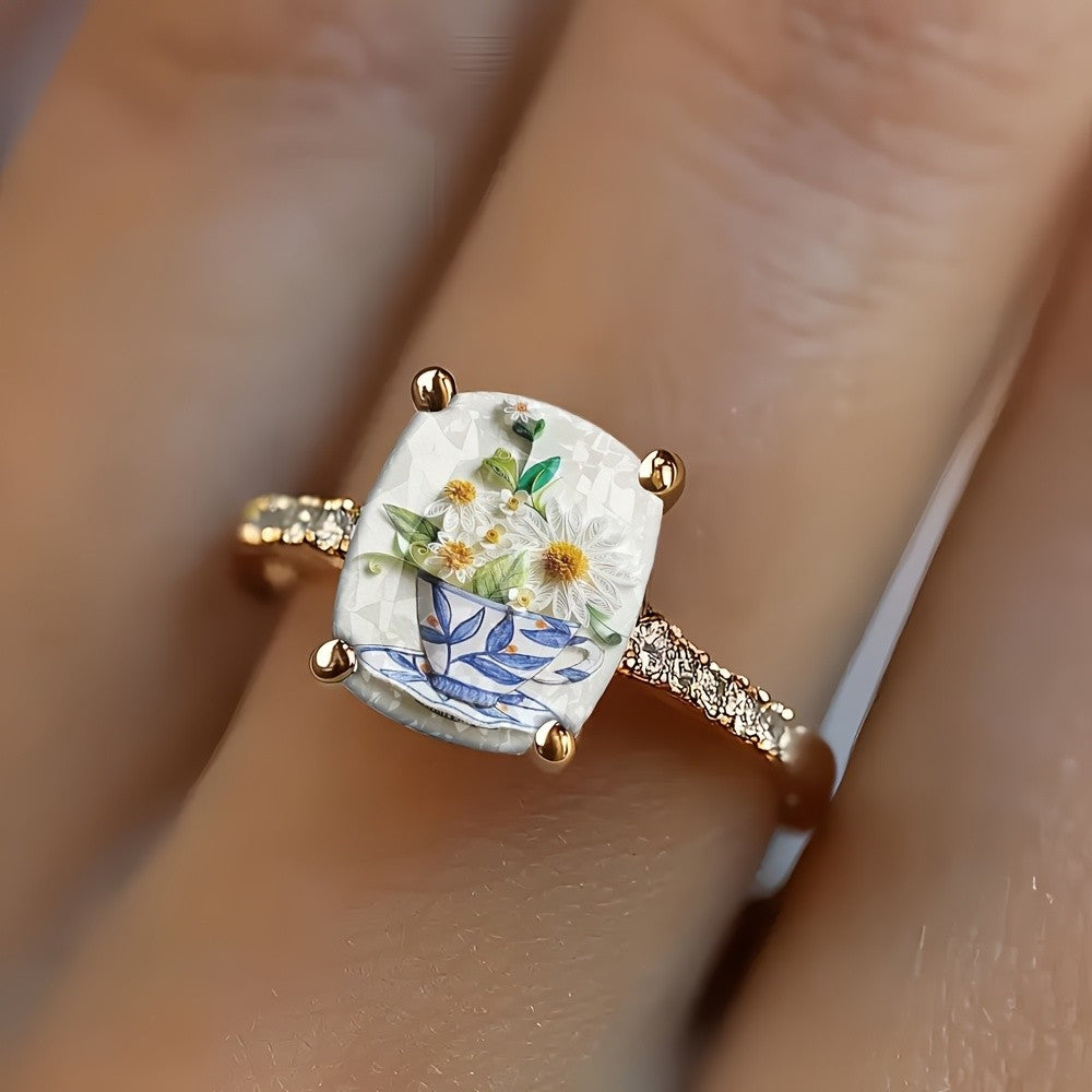 Floral Teacup Square Ring