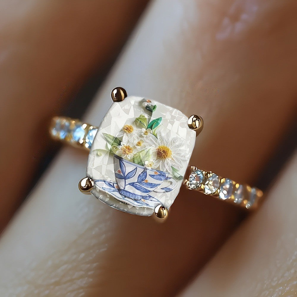 Floral Teacup Square Ring