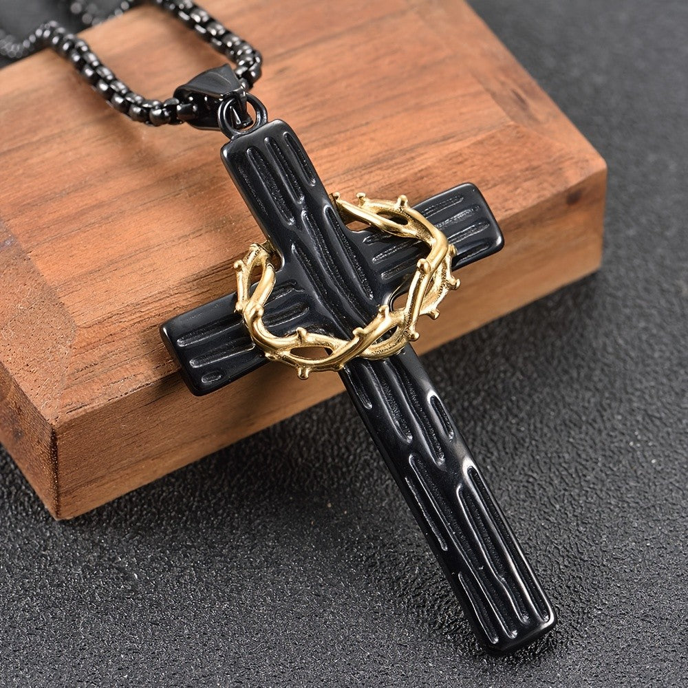 Black Cross & Gold Wreath Necklace