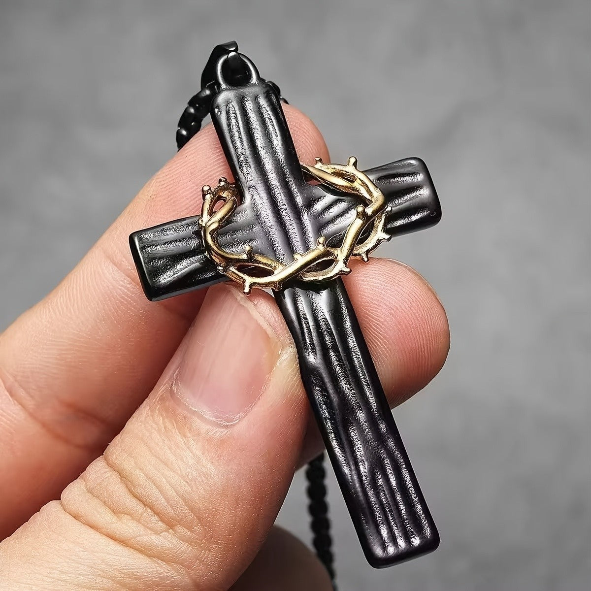 Black Cross & Gold Wreath Necklace