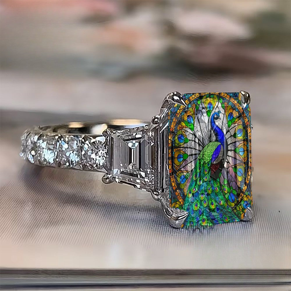 Painted Peacock Square Ring