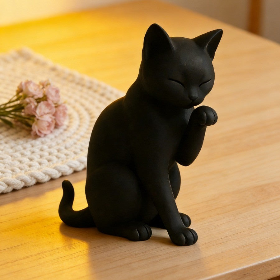 Grooming Black Cat Figurine
