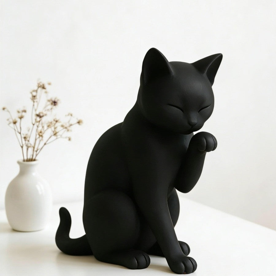 Grooming Black Cat Figurine