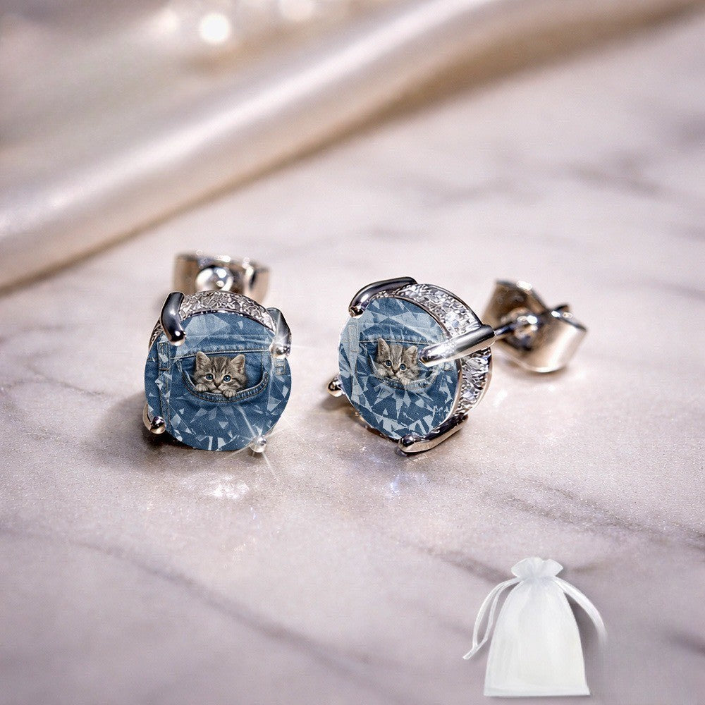 Denim Pocket Kitten Earrings
