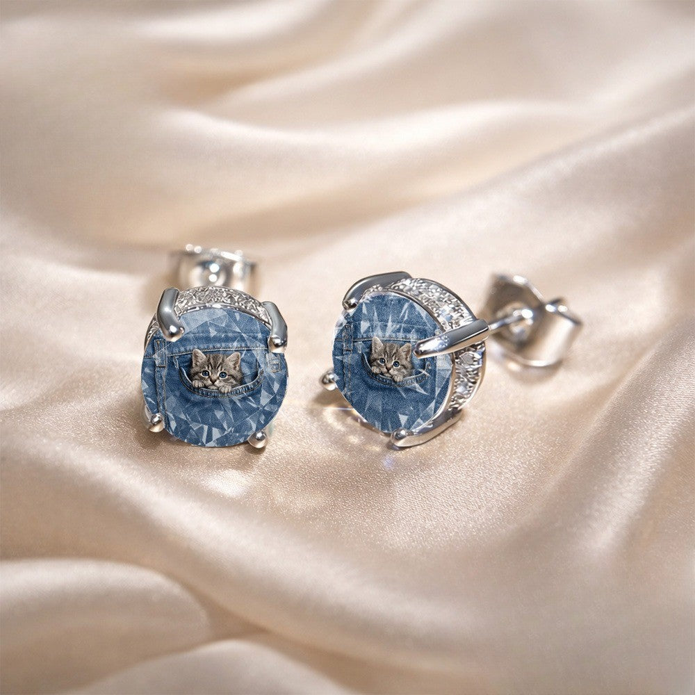 Denim Pocket Kitten Earrings