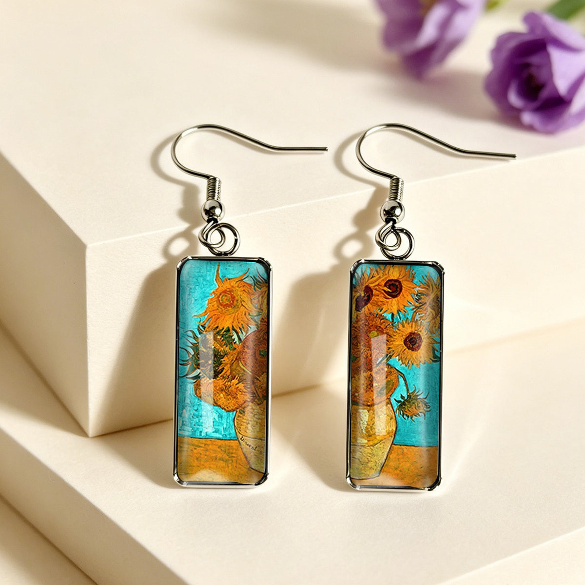 Sunflower Painting Rectangular Earrings