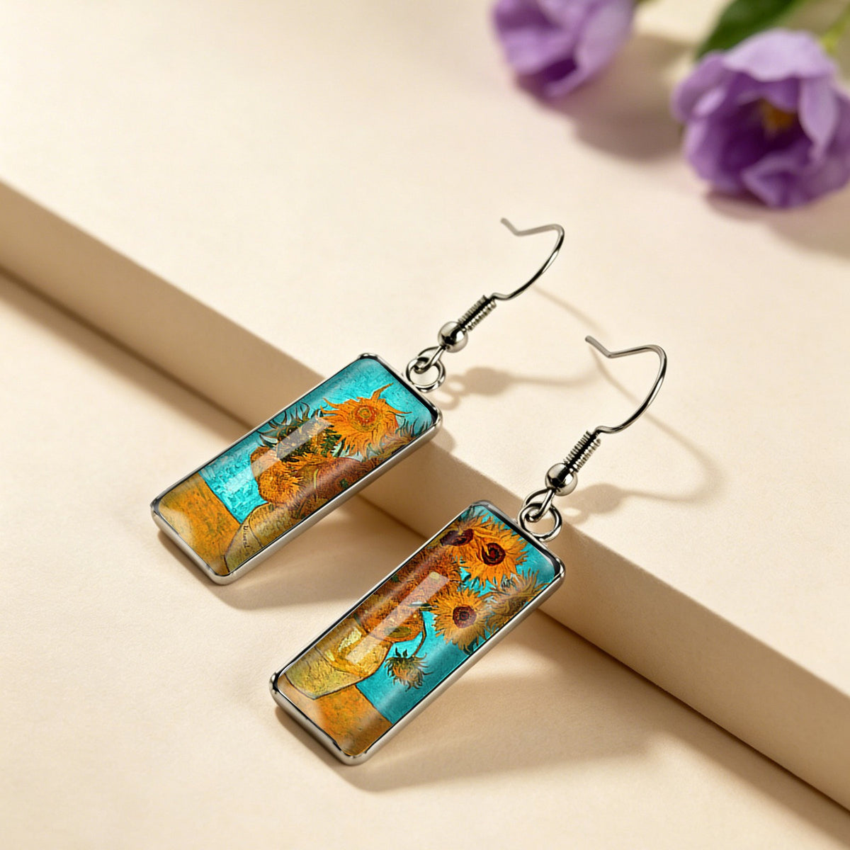 Sunflower Painting Rectangular Earrings
