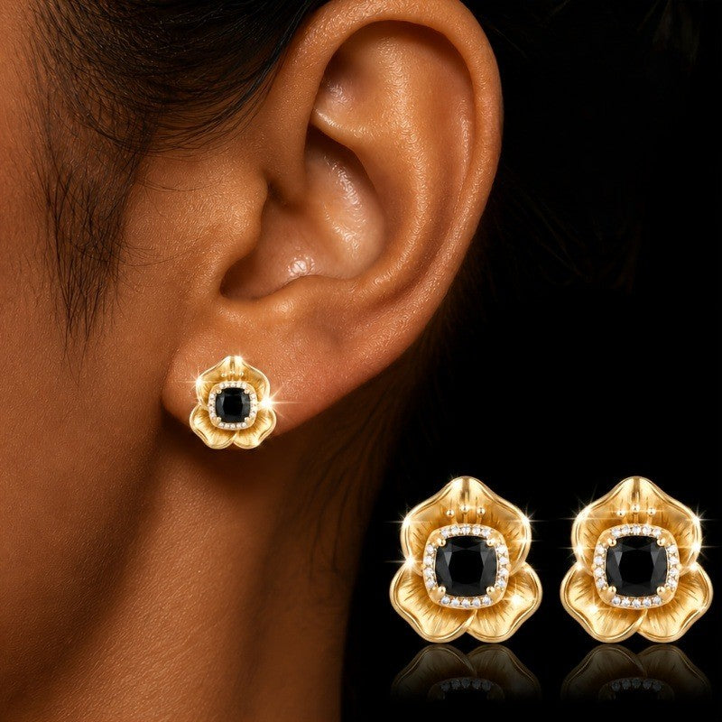 Black Stone Floral Stud Earrings