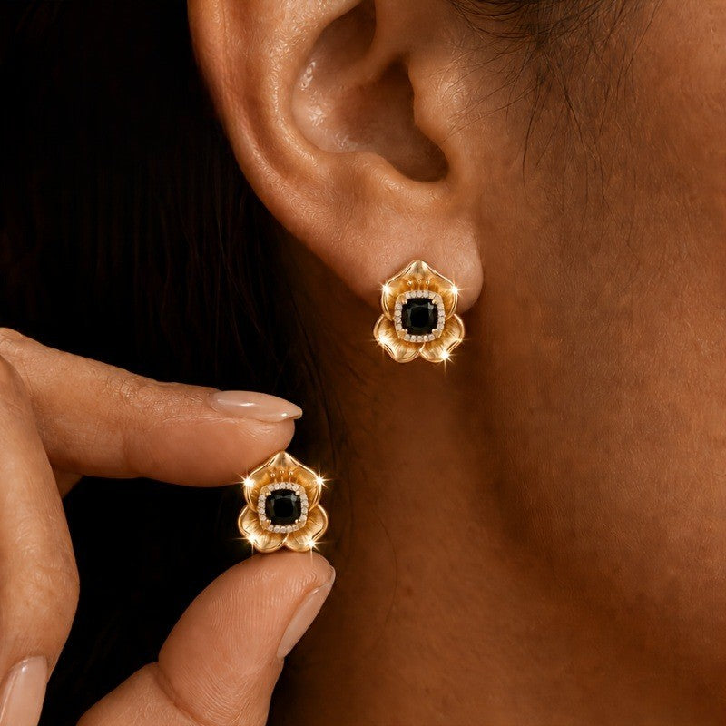 Black Stone Floral Stud Earrings