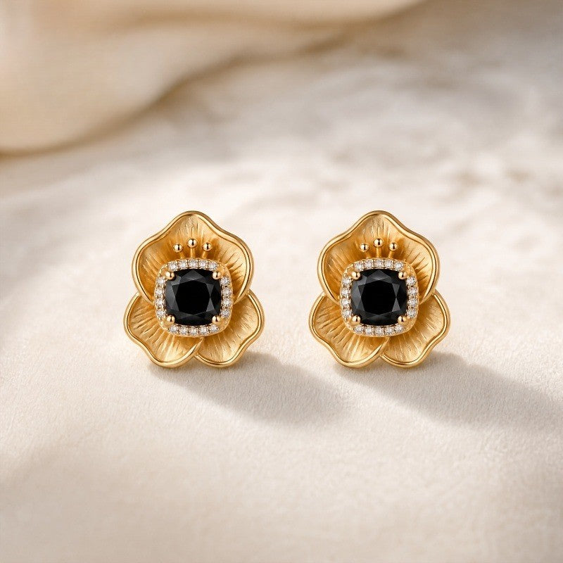 Black Stone Floral Stud Earrings