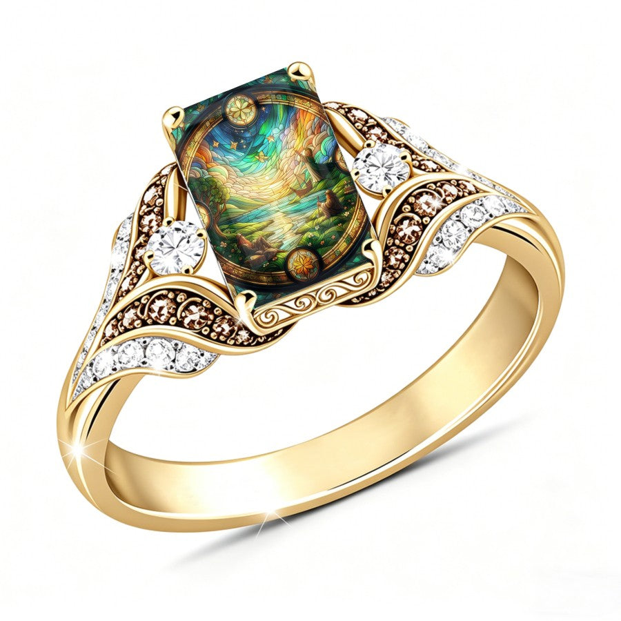 Stained Glass Nature Scene Square Ring